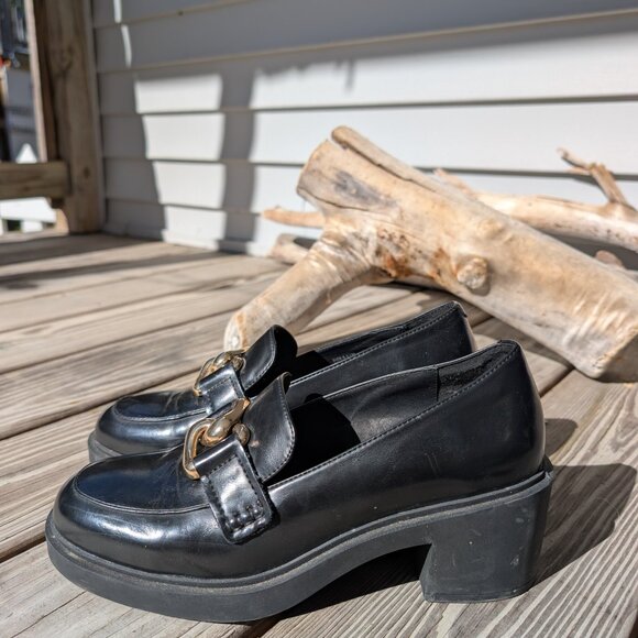 Womens Gibbon Block Heel Loafer Black Gold Buckle Platform Chunky Lug Sole 8.5 9 - Picture 6 of 9